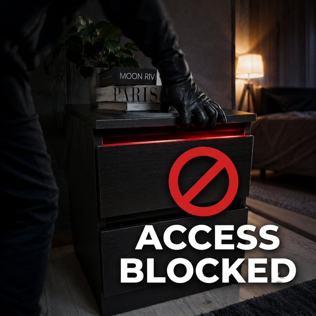 Ladro con guanti nero non riesce ad aprire il comodino Phantom Stand InvisiVault - access blocked senza card RFID