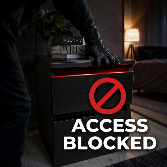 Ladro con guanti nero non riesce ad aprire il comodino Phantom Stand InvisiVault - access blocked senza card RFID